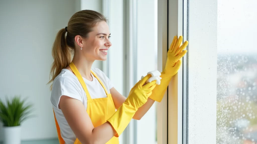 A housewife woman in gloves washes windows in an apartment